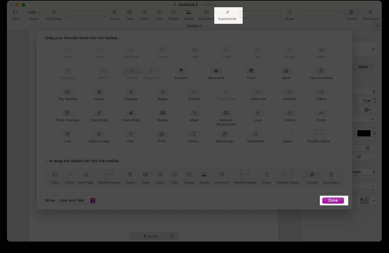 Drag Superscript or Subscript icon to Pages toolbar and click Done
