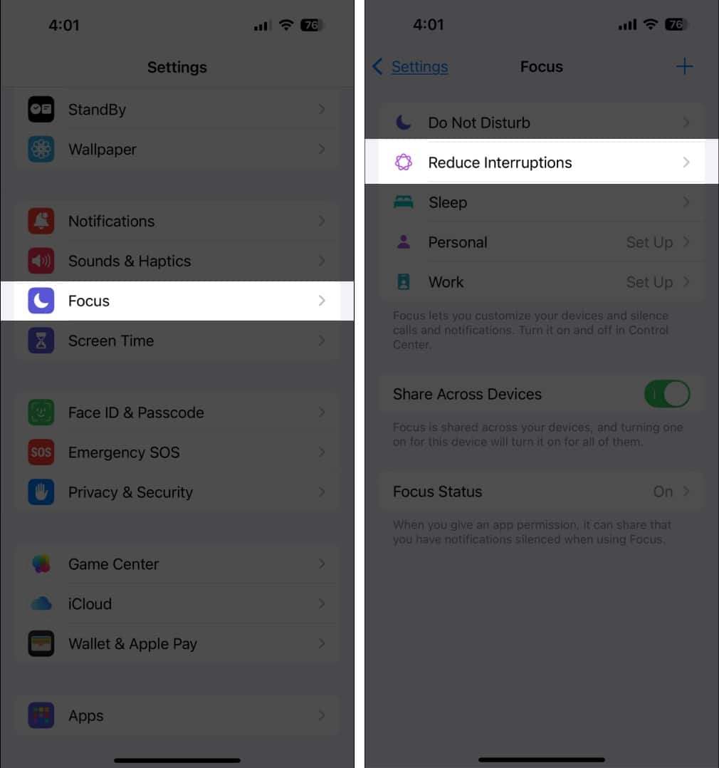 Accessing the Reduced Interruptions Focus mode in iPhone Settings app