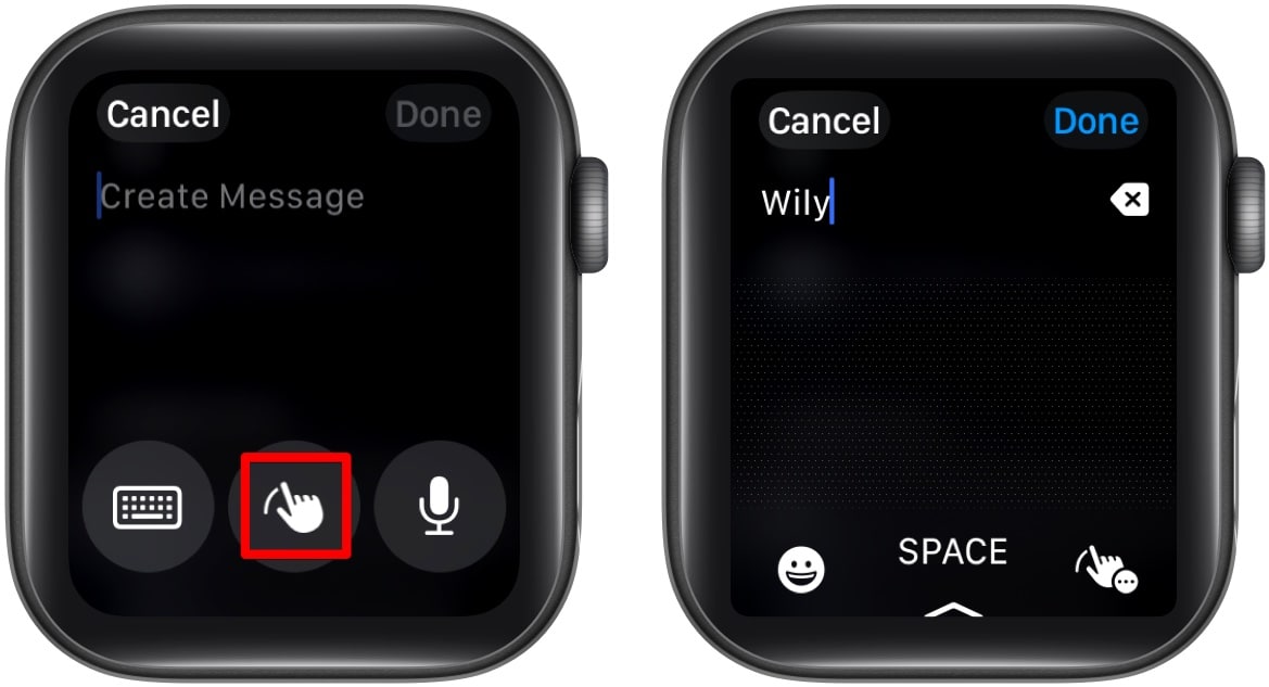 Entering text in an app on an Apple Watch using handwriting