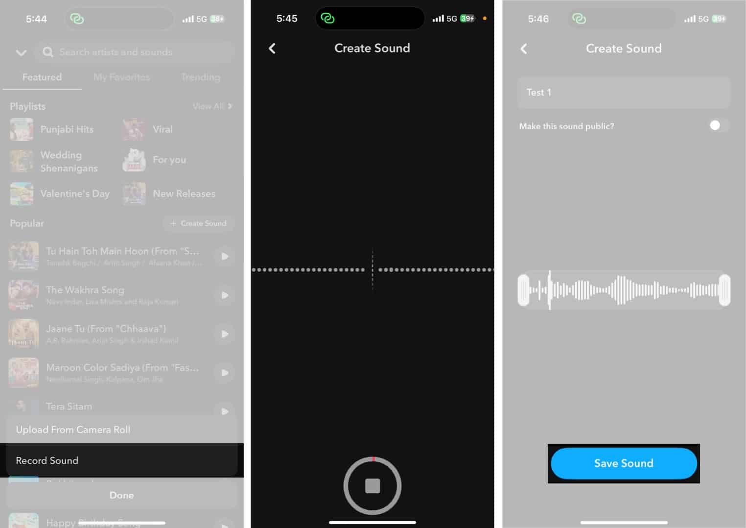 Tap Record Sound create and save to add your own sound to Snapchat Story