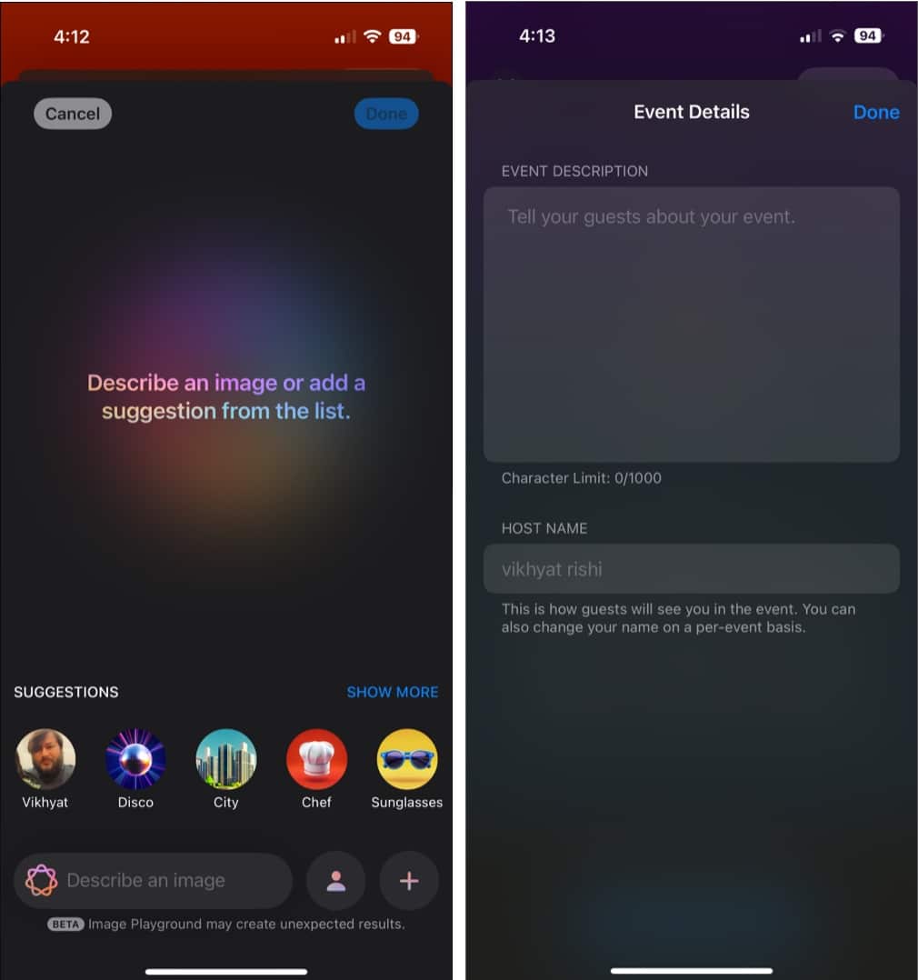 Using Image playground and adding event description in Apple Invites app