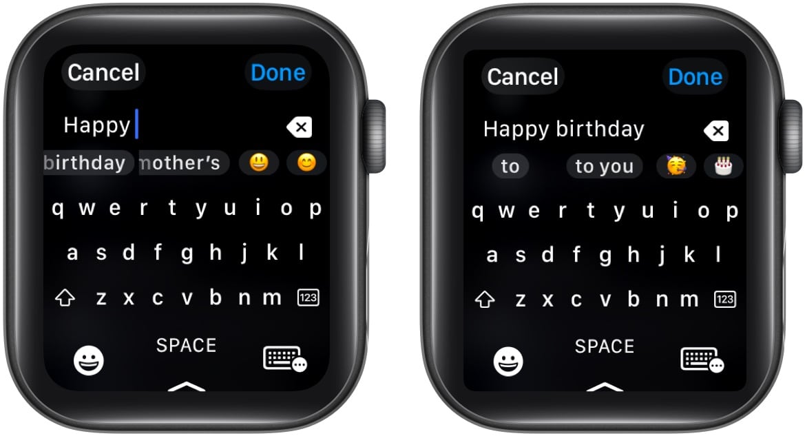 Using predictive text suggestions to enter text faster on an Apple Watch