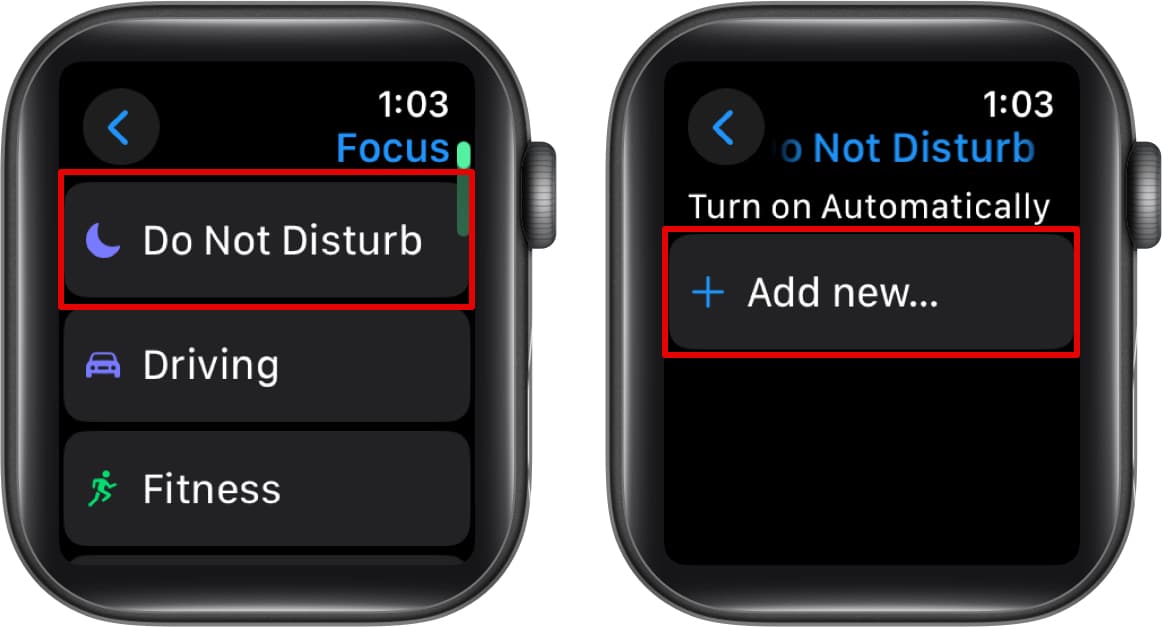 Accessing the Do Not Disturb Focus in watchOS Settings app and creating a new schedule