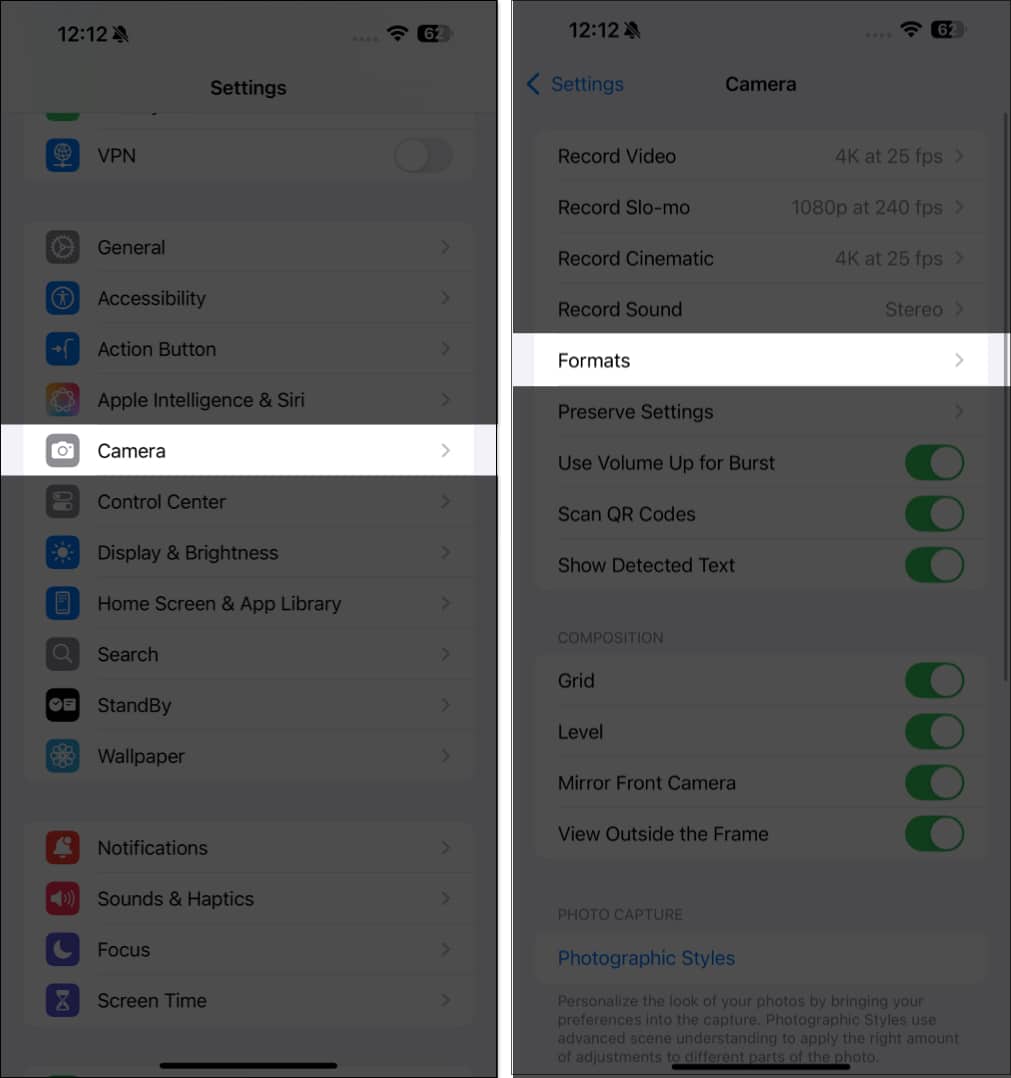 Accessing Formats under Camera settings in iOS Settings app