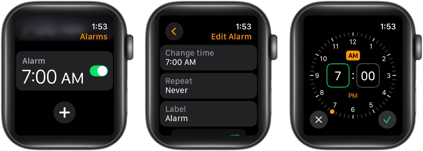 Editing an alarm's time in the Alarms app on an Apple Watch.