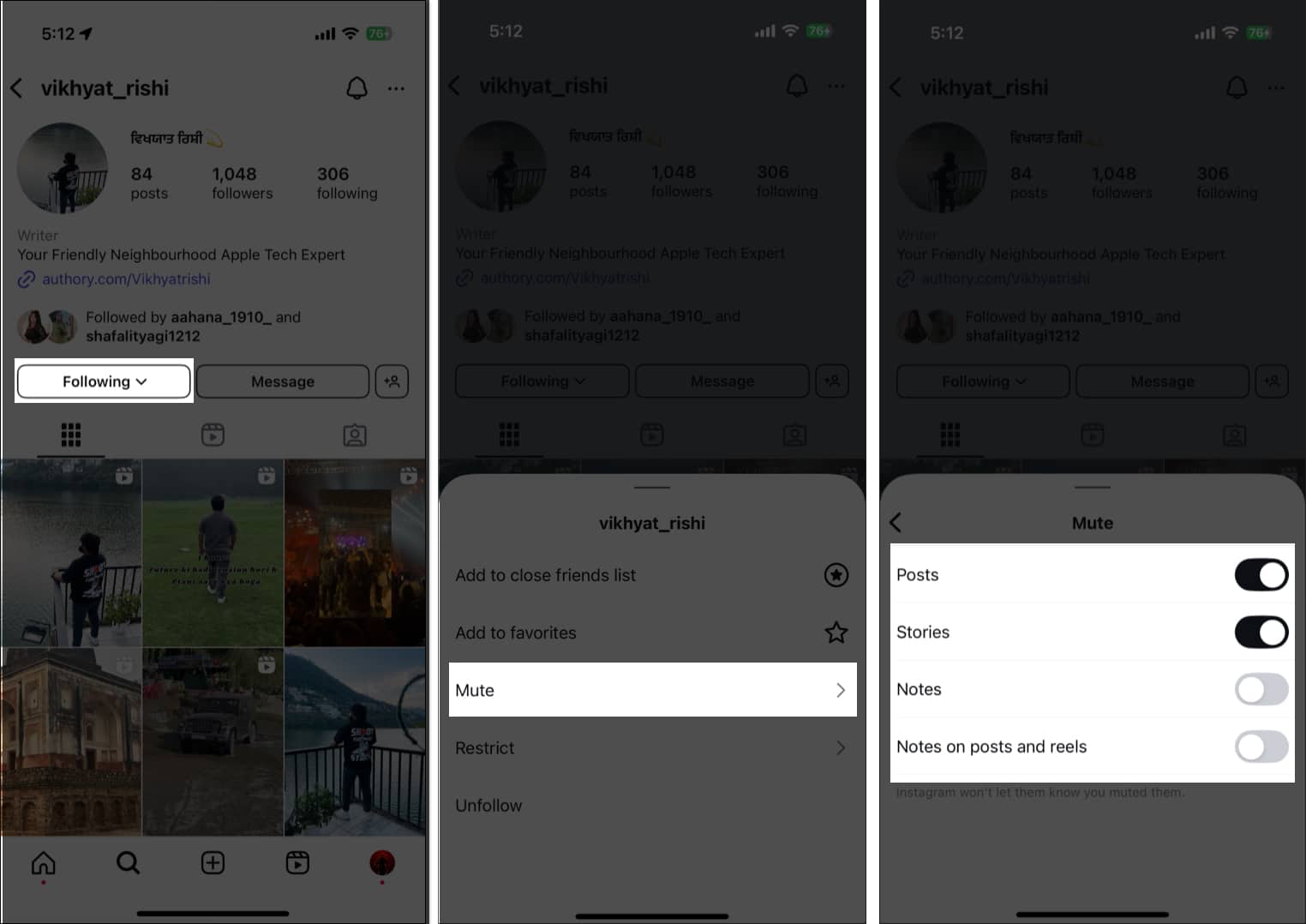 Muting content from an Instagram account on an iPhone