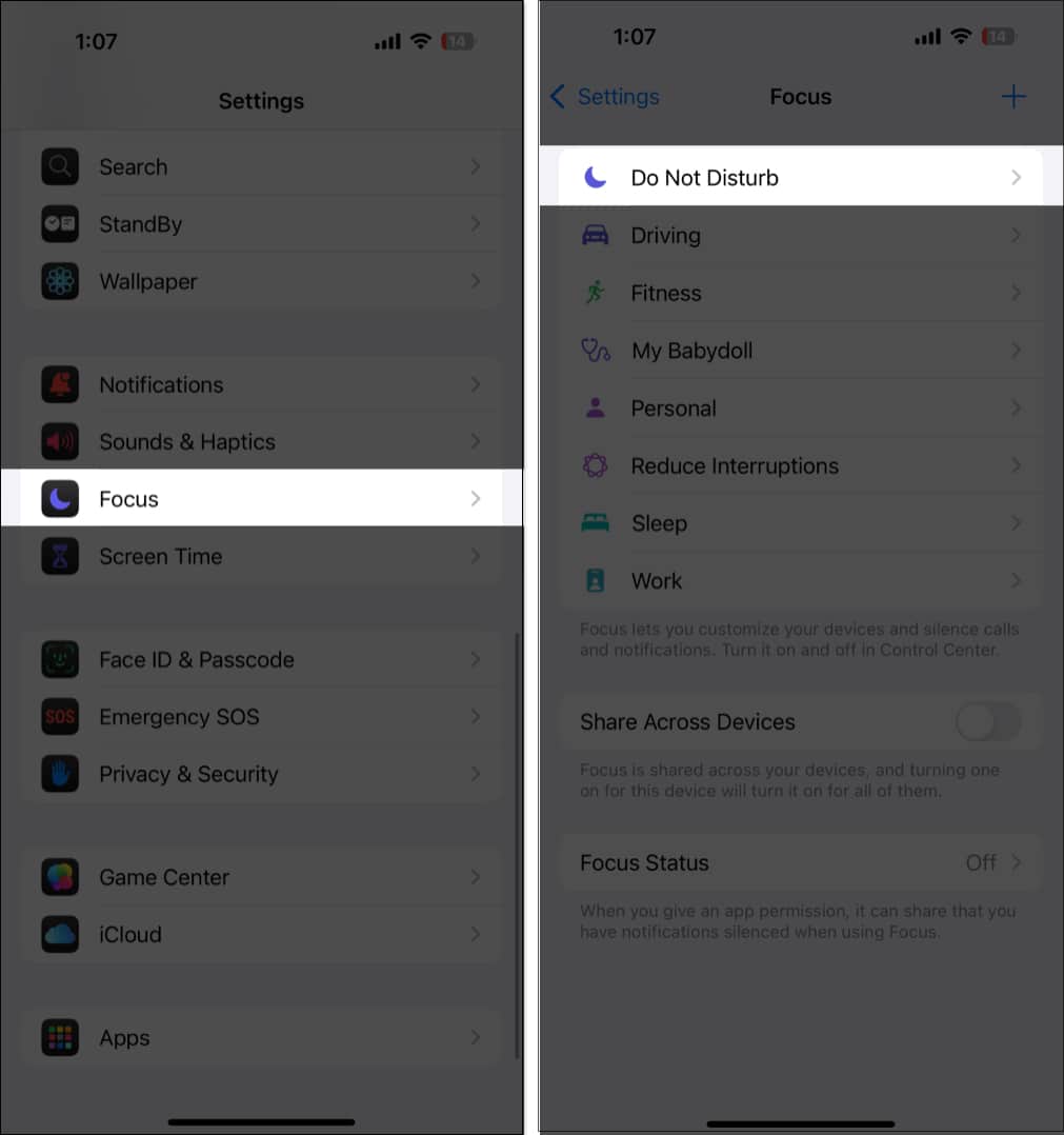 Navigating to Do Not Disturb under Focus settings on an iPhone