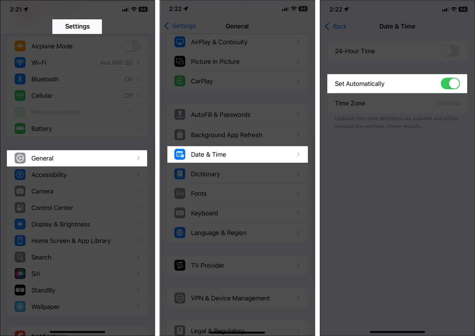 Enabling the Set Automatically toggle under Date  Time settings on an iPhone