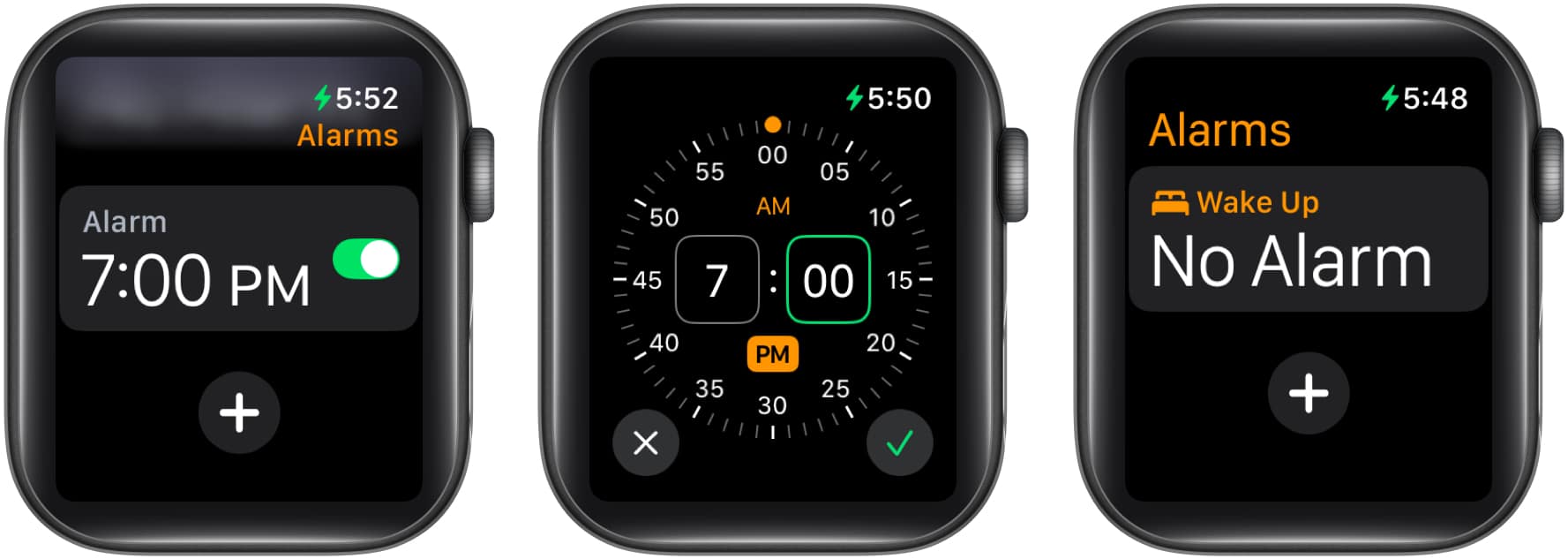 Setting alarm from the Alarms app on an Apple Watch