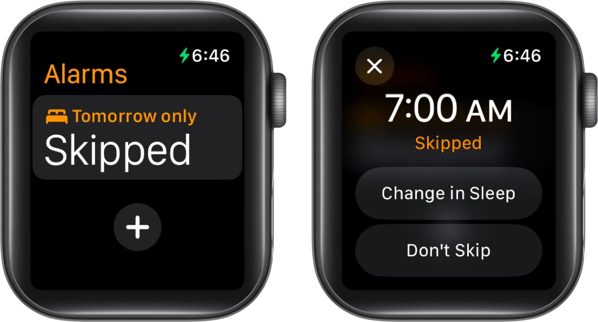 Don't Skip button in Alarms app to reverse skipping an alarm the next day.