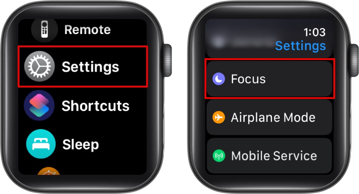 Accessing Focus settings in the Apple Watch Settings app