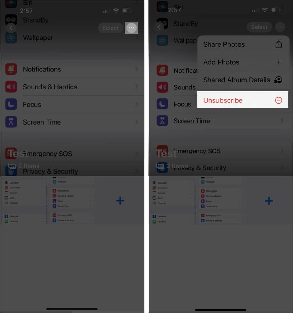 Tap on three dot icon after opening Shared album and select Unsubscribe option from the drop down menu