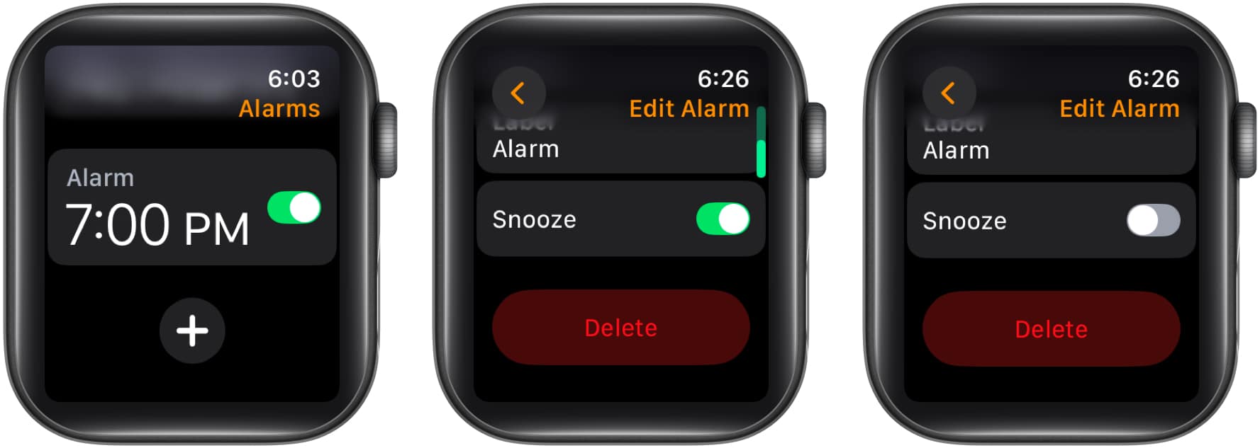 Toggling off the Snooze option in the Alarms app on an Apple Watch