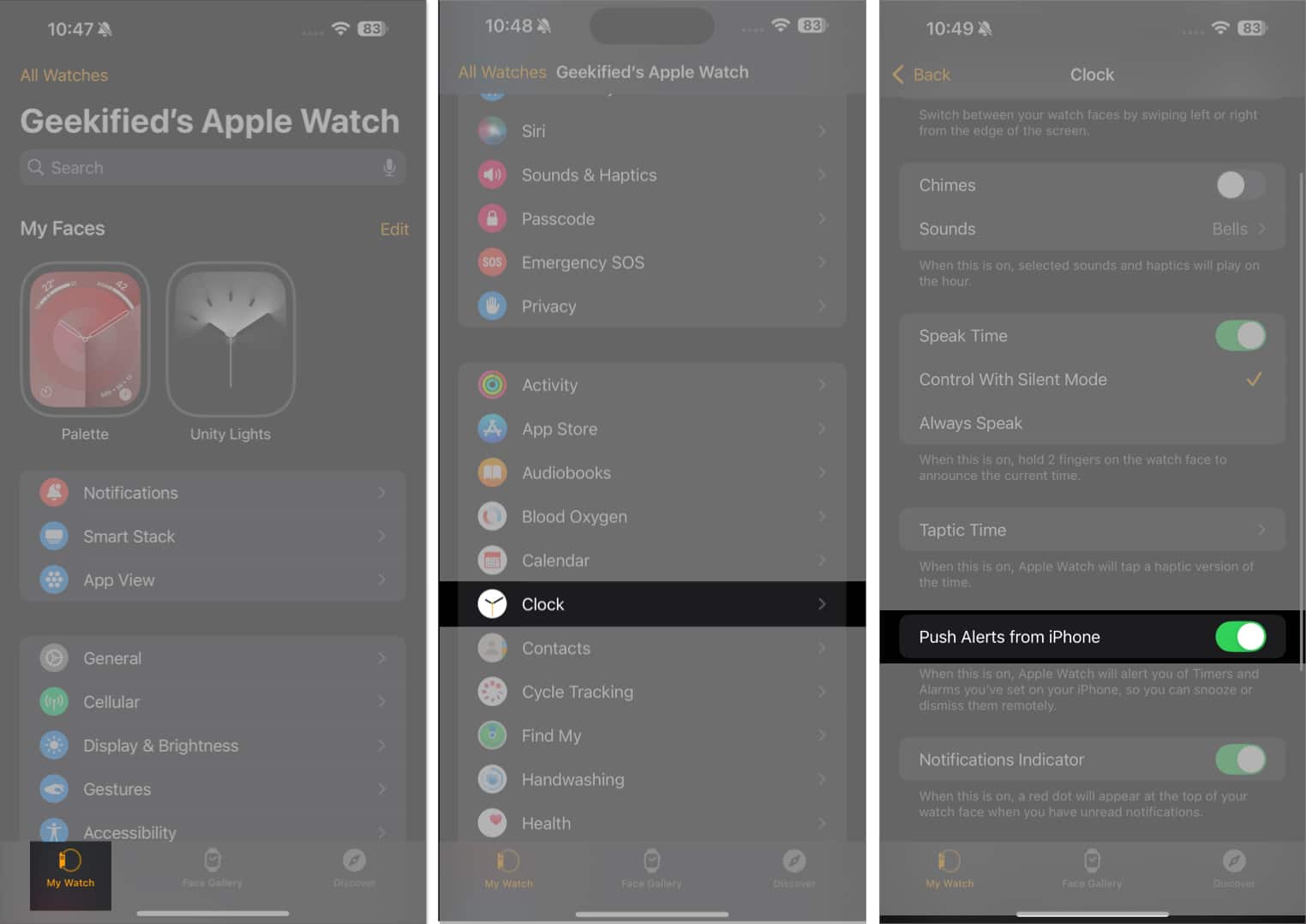 Toggling on the Push Alerts from iPhone option in the iOS Watch app
