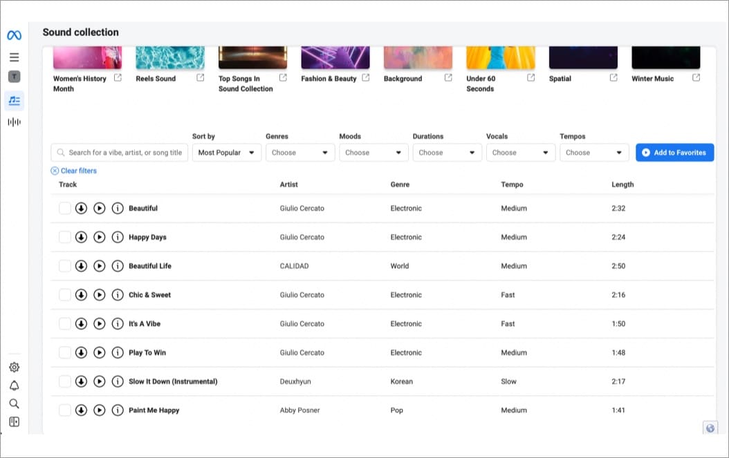 Find trending audio using Meta Sound Collection