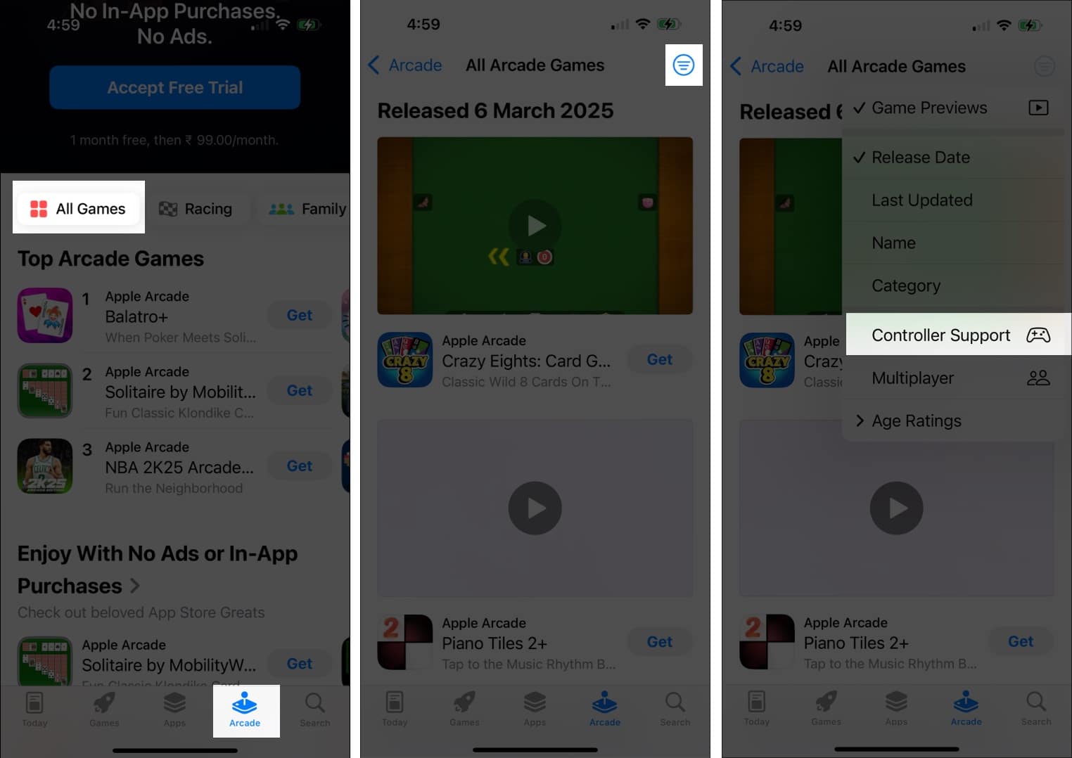Go to Arcade section select All Games tap the filter icon and choose Controller Support