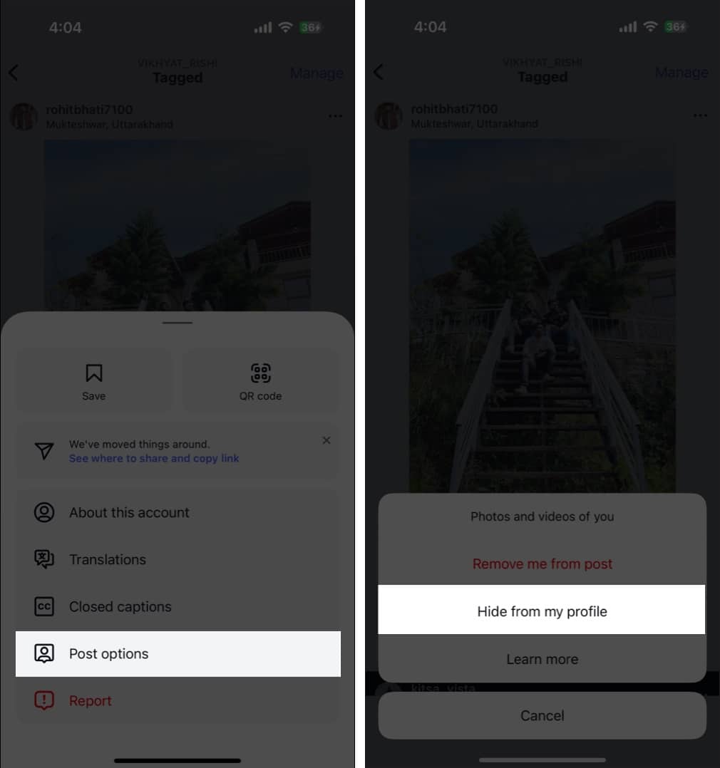 Accessing Post Options to hide a tagged Instagram post from profile on an iPhone