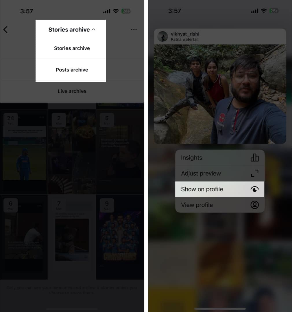 Using the Show on Profile option to restore an archived Instagram post on an iPhone