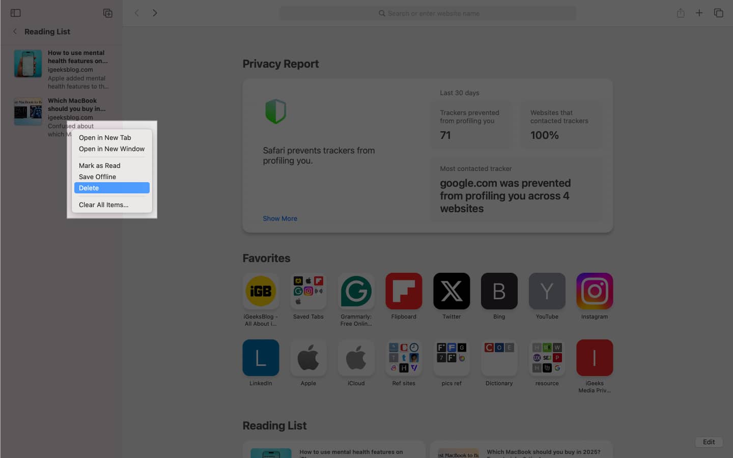 Deleting an item from Safari Reading List on a Mac
