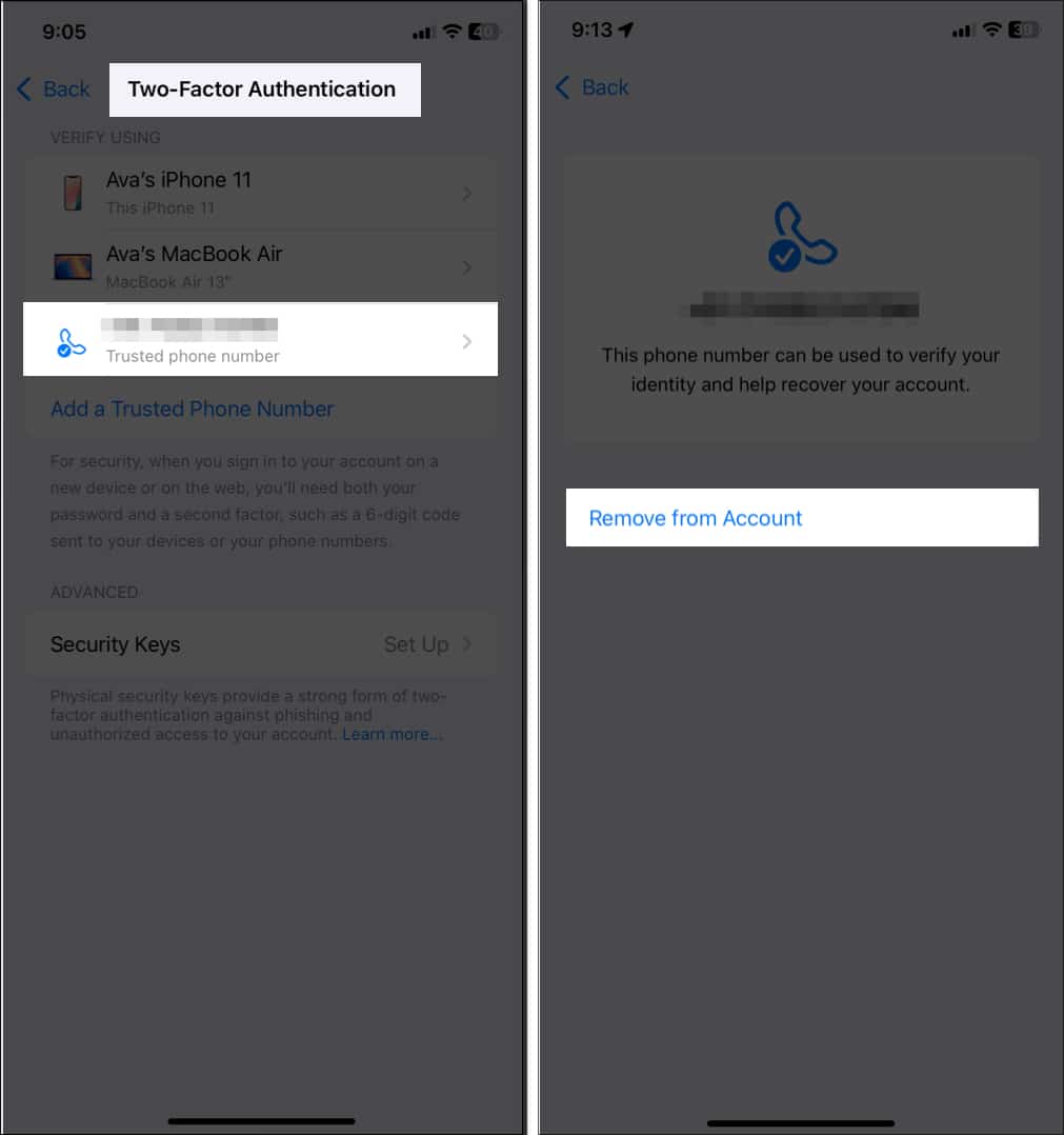 removing phone number from the account