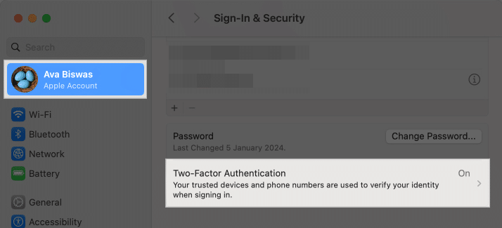 turn on two factor authentication from system settings on mac